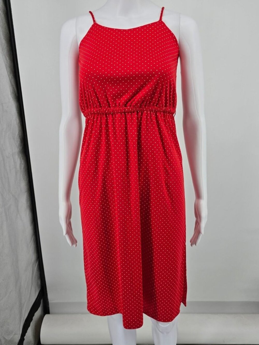 Vintage 1980s Red/White Pin Dot Spaghetti Strap Elastic Waist Sundress (XS)